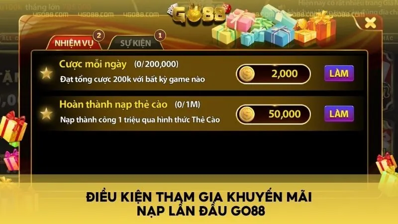 Điều kiện tham gia khuyến mãi nạp lần đầu Go88