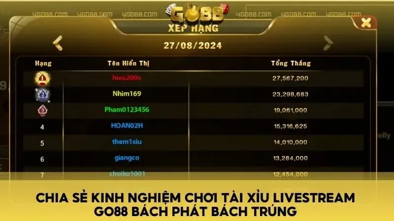 Chia sẻ kinh nghiệm chơi Tài xỉu livestream Go88 bách phát bách trúng